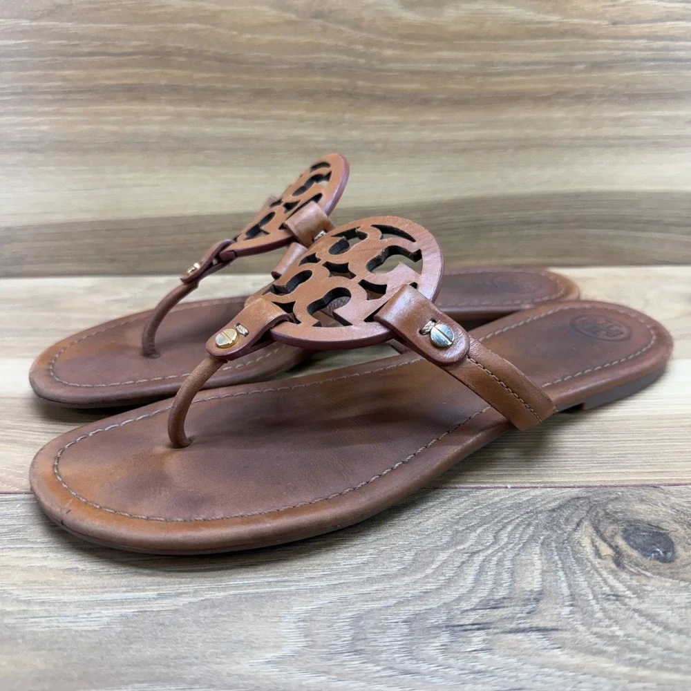Tory Burch Miller Sandals 9.5 Royal Tan Leather Vacation Resort Flip Flops